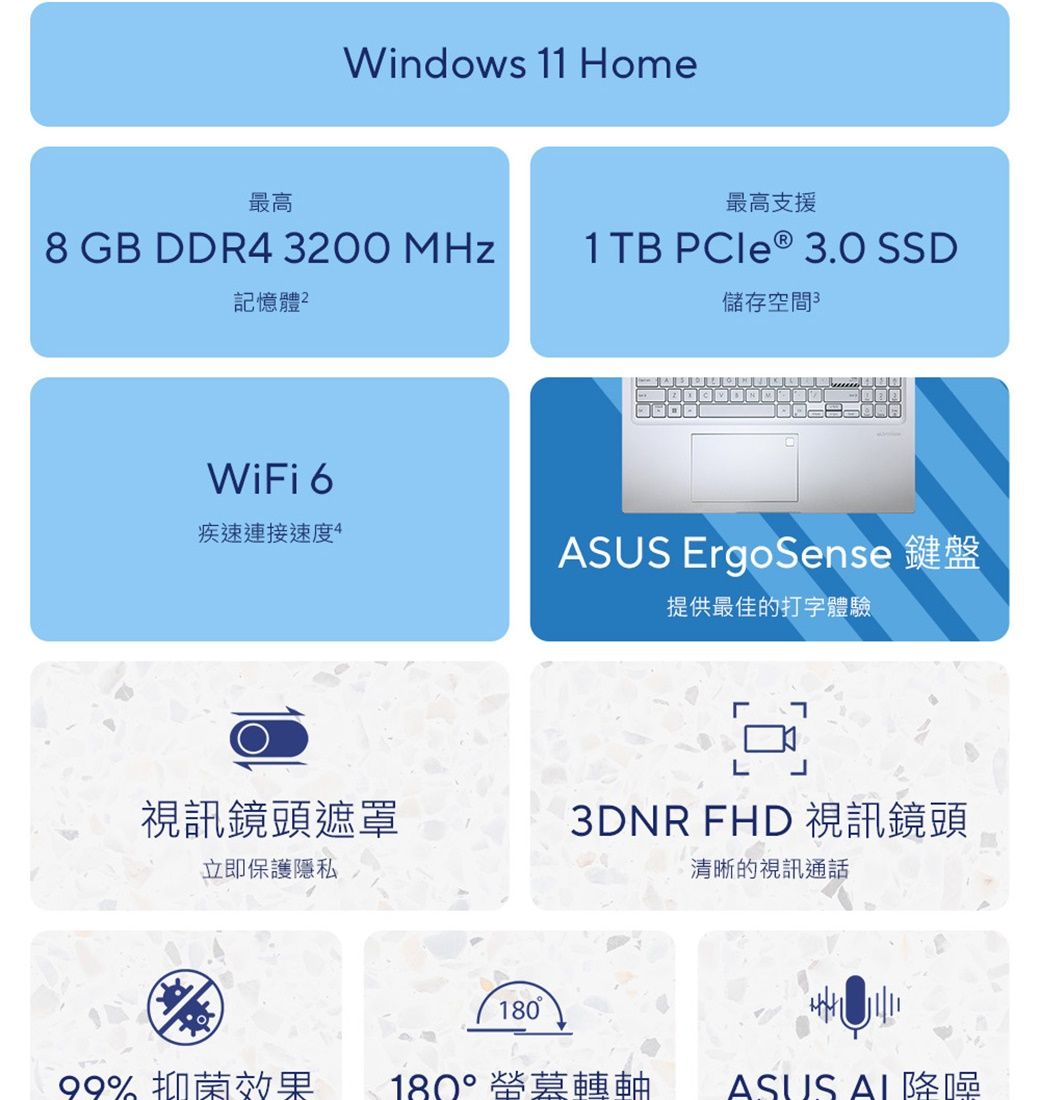 Windows 11 Home最高最高支援8 GB DDR4 200 MHz1TB ® 3.0 SSD記憶體²儲存空間 3WiFi 6疾速連接速度4ASUS ErgoSense 鍵盤提供最佳的打字體驗L視訊鏡頭遮罩3DNR FHD 視訊鏡頭立即保護隱私清晰的視訊通話18099% 抑菌效果 180°轉軸 ASUS 降噪