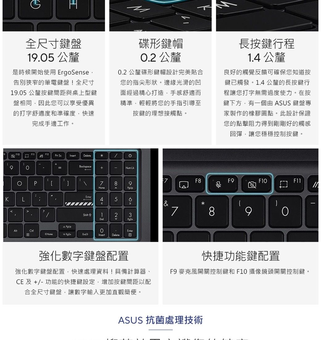 全尺寸鍵盤15 公釐是時候開始使用 ErgoSense.告別狹窄的筆電鍵盤!全尺寸19.05 公釐按鍵間距與桌上型鍵盤相同因此您可以享受優異的打字舒適度和準確度快速完成手邊工作碟形鍵帽0.2 公釐0.2 公釐碟形鍵帽設計完美貼合您的指尖形狀。邊緣光滑的凹面經過精心打造手感舒適而精準輕輕將您的手指引導至按鍵的理想接觸點。長按鍵行程1.4 公釐良好的觸覺反饋可確保您知道按鍵已觸發。1.4公釐的長按鍵行程讓您打字無需過度使力。在按鍵下方有一個由 ASUS 鍵盤專家製作的橡膠圓點。此設計保證您的點擊阻力得到剛剛好的觸感回彈,讓您穩穩控制按鍵。9 。+=Backspace+- KLPEnter7F8F9F1079Home56CEnterHomeEnd Delete強化數字鍵盤配置強化數字鍵盤配置,快速處理資料!具備計算器、CE 及 +/- 功能的快捷鍵設定,增加按鍵間距以配合全尺寸鍵盤,讓數字輸入更加直觀簡便。&amp;780快捷功能鍵配置F11F9 麥克風開關控制鍵和F10 攝像鏡頭開關控制鍵。ASUS 抗菌處理技術