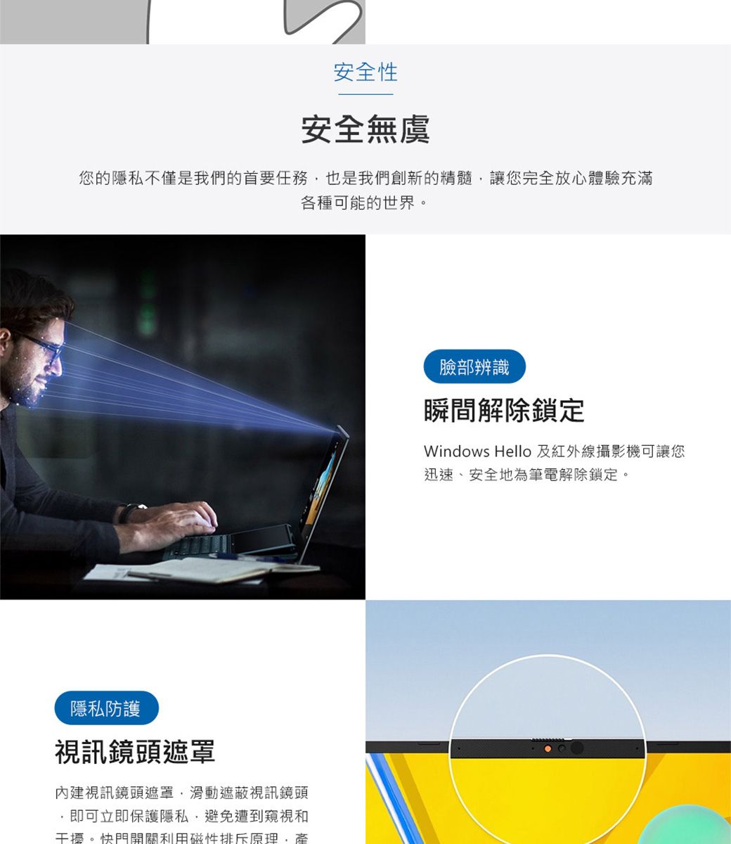 安全性安全無虞您的隱私不僅是我們的首要任務也是我們創新的精髓讓您完全放心體驗充滿各種可能的世界。隱私防護視訊鏡頭遮罩內建視訊鏡頭遮罩滑動遮蔽視訊鏡頭即可立即保護隱私,避免遭到窺視和干擾。快門開關利用磁性排斥原理,臉部辨識瞬間解除鎖定Windows Hello 及紅外線攝影機可讓您迅速、安全地為筆電解除鎖定。