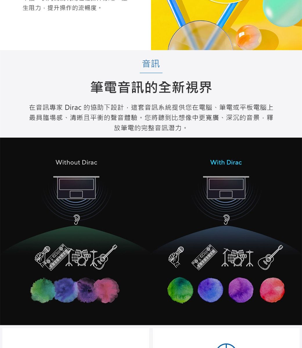 生阻力提升操作的流暢度。音訊筆電音訊的全新視界在音訊專家 Dirac 的協助下設計,這套音訊系統提供您在電腦、筆電或平板電腦上最具臨場感、清晰且平衡的聲音體驗。您將聽到比想像中更寬廣、深沉的音景,釋放筆電的完整音訊潛力。Without DiracWith Dirac&