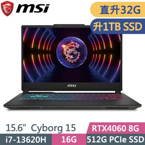 MSI 微星 Cyborg 15 A13VFK-831TW 黑 (i7-13620H/16G+16G/1TB SSD/RTX4060 8G/15.6吋FHD/W11)特仕