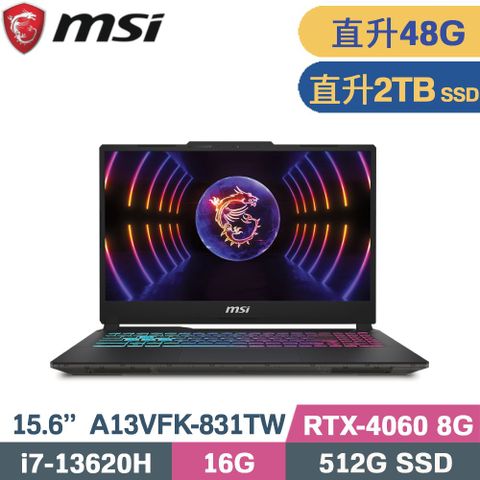 MSI 微星 Cyborg 15 A13VFK-831TW 電競筆電 黑 (i7-13620H/16G+32G/2TB SSD/RTX4060 8G/W11/15.6)特仕