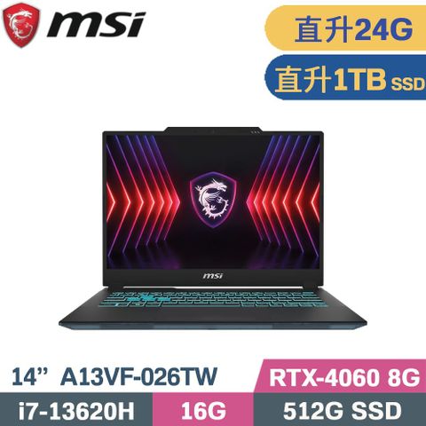 MSI 微星 Cyborg 14 A13VF-026TW 電競筆電 黑  (i7-13620H/16G+8G/1TB SSD/RTX4060/W11/14)特仕