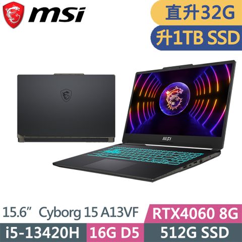 MSI微星 Cyborg 15 A13VF-1406TW電競筆電(i5-13420H/16G+16G/1TB/RTX4060/FHD/W11/15.6吋/二年保)特仕