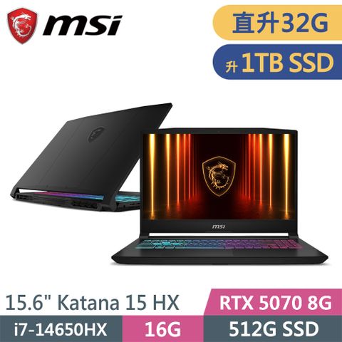 微星 Katana 15 HX B14WGK-059TW-SP4 黑(i7-14650HX/32G/1TB SSD/RTX5070 8G/W11/15.6)特仕筆電