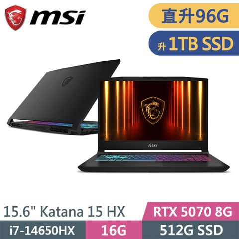 微星 Katana 15 HX B14WGK-059TW-SP11 黑(i7-14650HX/96G/1TB SSD/RTX5070 8G/W11/15.6)特仕筆電