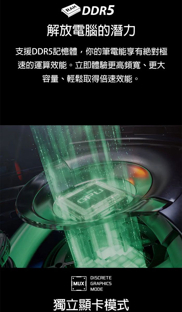 RAMDDR5解放電腦的潛力支援DDR5記憶體你的筆電能享有絕對極速的運算效能。立即體驗更高頻寬、更大容量、輕鬆取得倍速效能。GPUMUXDISCRETEGRAPHICSMODE獨立顯卡模式