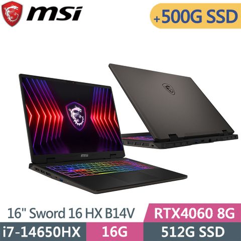 MSI 微星 Sword 16 HX B14VFKG-485TW-SP1 黑(i7-14650HX/16G/512G+500G SSD/RTX4060/W11/16)特仕