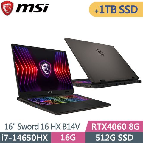 MSI 微星 Sword 16 HX B14VFKG-485TW-SP3 黑(i7-14650HX/16G/512G+1T SSD/RTX4060/W11/16)特仕