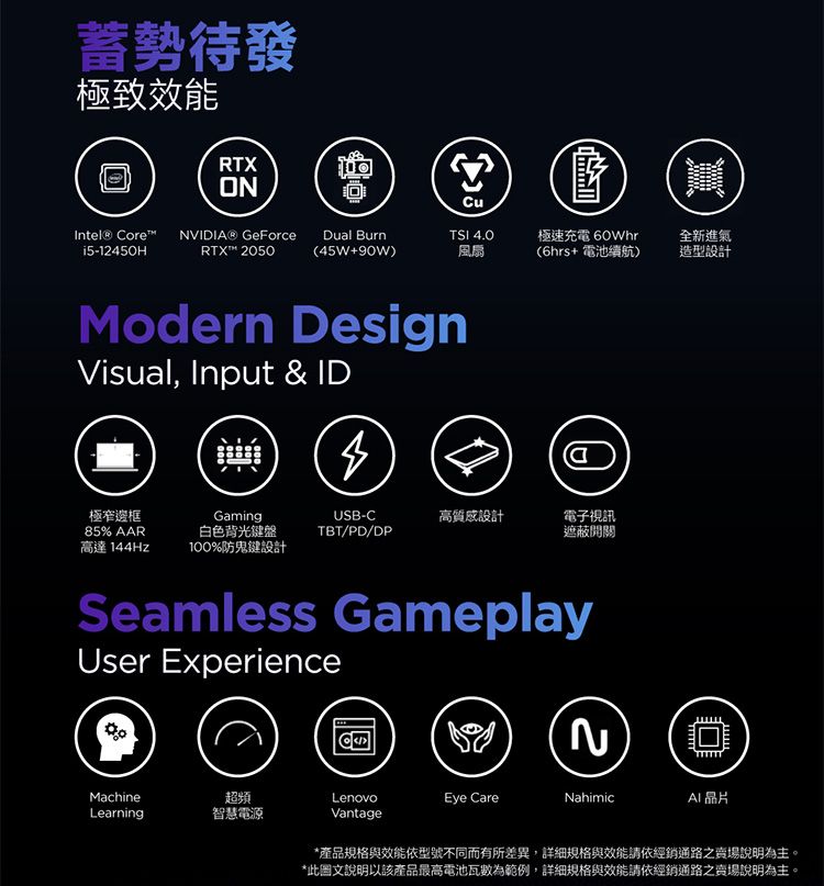 蓄勢待發極致效能RTXONCu Core NVIDIA® GeForceDual BurnTSI 極速充電 60Whr全新進氣i5-12450HRTX (45W+90W)風扇(6hrs+ 電池續航)造型設計Modern DesignVisual, Input &amp; ID極窄邊框85% AARGamingUSB-C高質感設計電子視訊白色背光鍵盤TBT/PD/DP遮蔽開關高達 144Hz100%防鬼鍵設計Seamless GameplayUser ExperienceMachine超頻Learning智慧電源2LenovoEye CareNahimicAI晶片Vantage*產品規格與效能依型號不同而有所差異,詳細規格與效能請依經銷通路之賣場說明為主。*此圖文說明以該產品最高電池瓦數為範例,詳細規格與效能請依經銷通路之賣場說明為主。
