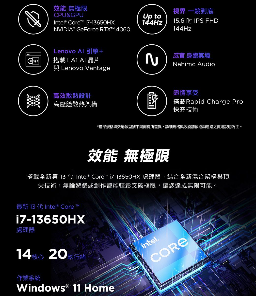 圖效能 無極限CPU&GPUIntel® Core i7-13650HXNVIDIA® GeForce RTX 4060Lenovo Al 引擎+搭載 AI 晶片 Lenovo Vantage高效散熱設計高壓艙散熱架構Up to144Hz2視界 一競到底156  IPS FHD144Hz感官 身臨其境Nahimc Audio盡情享受搭載Rapid Charge Pro快充技術*產品規格與效能依型號不同而有所差異,詳細規格與效能請依經銷通路之賣場說明為主。效能 無極限搭載全新第 13 代 Intel® Core™ i7-13650HX 處理器,結合全新混合架構與頂尖技術,無論遊戲或創作都能輕鬆突破極限,讓您達成無限可能。最新 13 代Intel® CoreTMi7-13650HX處理器14核心 20執行緒作業系統Windows® 11 Homeintel.CORE