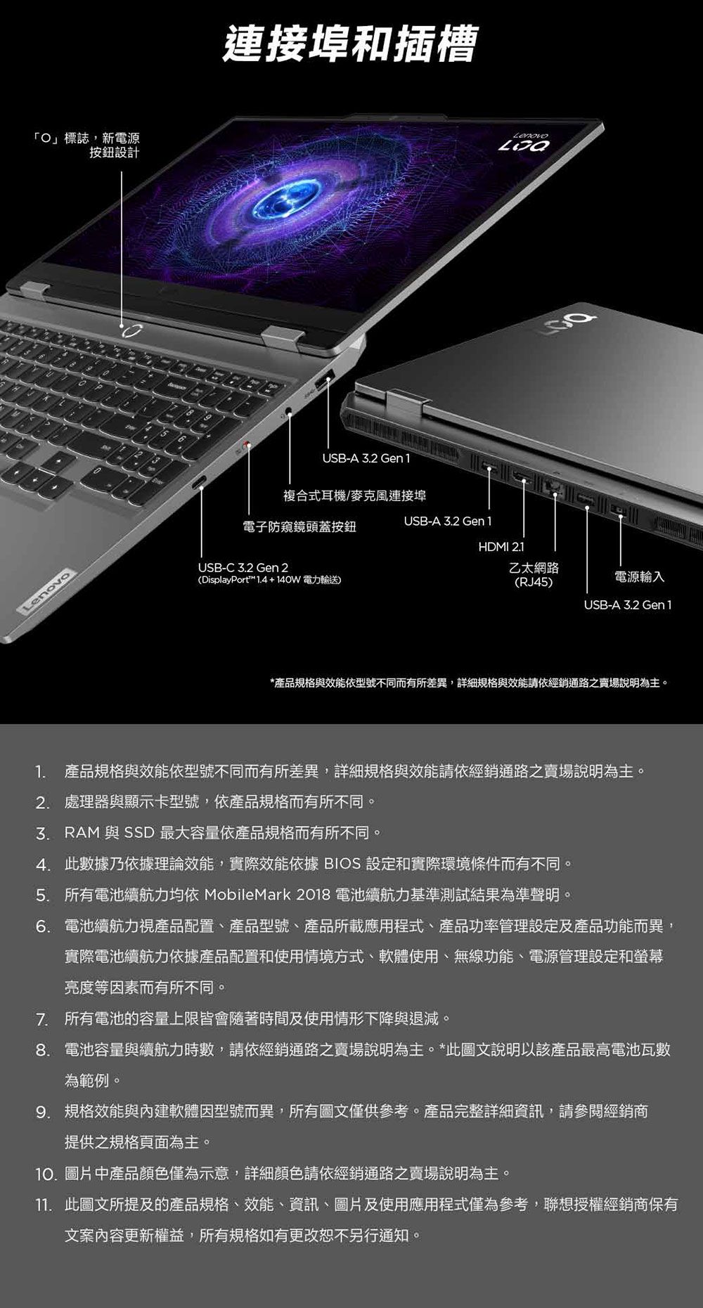 O」標誌,新電源按鈕設計連接埠和插槽USB-A 2 Gen1Lenovo複合式耳機/麥克風連接埠USB-A 3.2 Gen1電子防窺鏡頭蓋按鈕HDMI 2.1USB-C 3.2 Gen 2(DisplayPort 1.4+140W電力輸送)乙太網路(RJ45)電源輸入USB-A 3.2 Gen1*產品規格與效能依型號不同而有所差異,詳細規格與效能請依經銷通路之賣場說明為主。1. 產品規格與效能依型號不同而有所差異,詳細規格與效能請依經銷通路之賣場說明為主。2. 處理器與顯示卡型號,依產品規格而有所不同。3. RAM 與 SSD 最大容量依產品規格而有所不同。4. 此數據乃依據理論效能,實際效能依據 BIOS 設定和實際環境條件而有不同。5. 所有電池續航力均依 MobileMark 2018 電池續航力基準測試結果為準聲明。6.電池續航力視產品配置、產品型號、產品所載應用程式、產品功率管理設定及產品功能而異,實際電池續航力依據產品配置和使用情境方式、軟體使用、無線功能、電源管理設定和螢幕亮度等因素而有所不同。7. 所有電池的容量上限皆會隨著時間及使用情形下降與退減。8. 電池容量與續航力時數,請依經銷通路之賣場說明為主。*此圖文說明以該產品最高電池瓦數為範例。9. 規格效能與內建軟體因型號而異,所有圖文僅供參考。產品完整詳細資訊,請參閱經銷商提供之規格頁面為主。10.圖片中產品顏色僅為示意,詳細顏色請依經銷通路之賣場說明為主。11. 此圖文所提及的產品規格、效能、資訊、圖片及使用應用程式僅為參考,聯想授權經銷商保有文案內容更新權益,所有規格如有更改恕不另行通知。