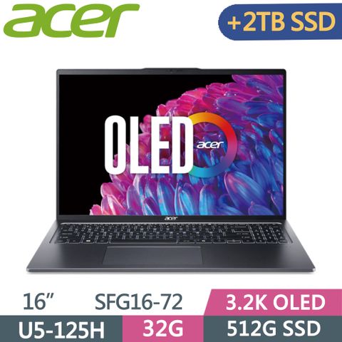 ▶加裝2TB SSD◀ACER Swift GO SFG16-72-57WR 灰Ultra 5-125H ∥ 32G ∥ 512G+2T SSD ∥ 3.2K OLED ∥ 16"