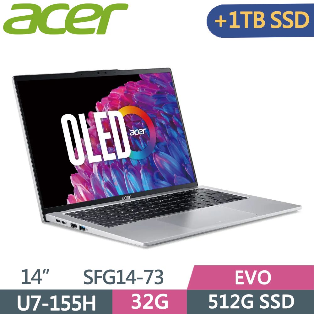 ACER 宏碁  Swift GO SFG14-73-76K0 銀Ultra 7-155H  32G  512G+1T SSD  WQXGA+    14"