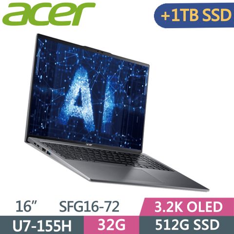 ACER 宏碁 Swift GO SFG16-72-74C7 灰Ultra 7-155H  32G  512G+1T SSD  3.2K OLED  16"