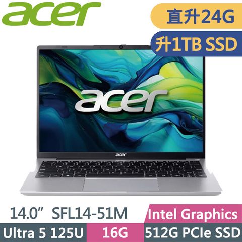 ACER 宏碁 Swift Lite SFL14-51M-50W8 灰(Ultra 5 125U/8G+16G/1TB/14吋WUXGA/W11)特仕