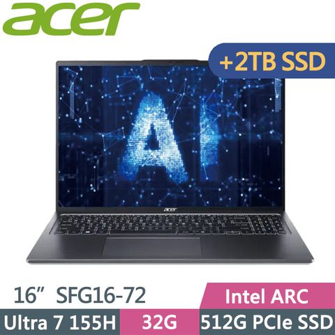 Acer Swift GO SFG16-72-74C7 灰(Ultra 7 155H/32G/512G+2TB/16吋OLED/W11)特仕