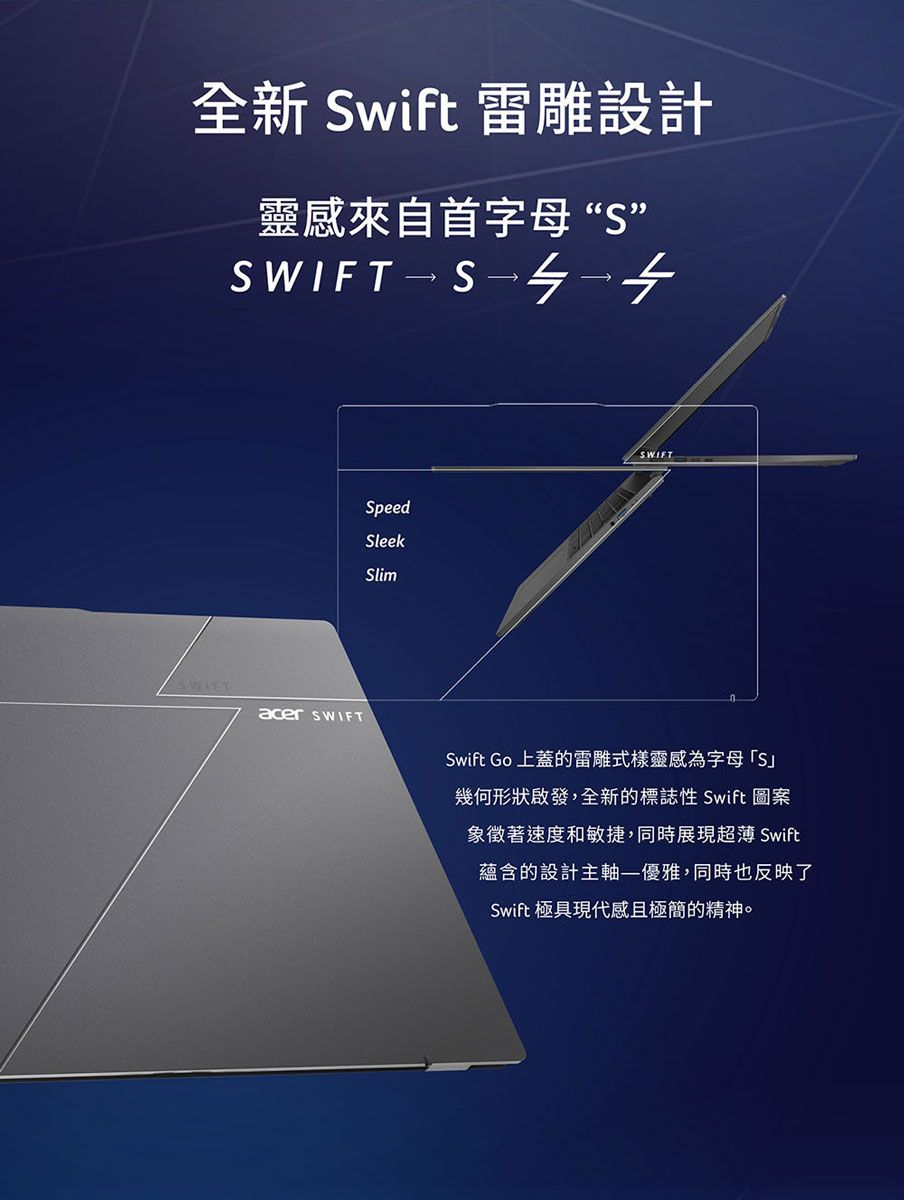 全新 Swift 雷雕設計靈感來自首字母“S”  S →SpeedSleekSlimSWIFTacer SWIFTSwift Go 上蓋的雷雕式樣靈感為字母「S」幾何形狀啟發,全新的標誌性 Swift 圖案象徵著速度和敏捷,同時展現超薄 Swift蘊含的設計主軸優雅,同時也反映了Swift 極具現代感且極簡的精神。