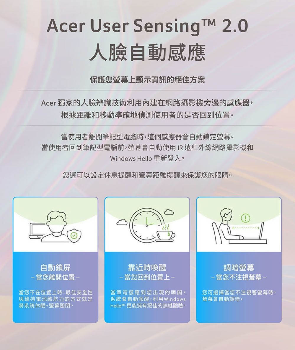 Acer User Sensingt 2.0人臉自動感應保護您螢幕上顯示資訊的絕佳方案Acer 獨家的人臉辨識技術利用內建在網路攝影機旁邊的感應器,根據距離和移動準確地偵測使用者的是否回到位置。當使用者離開筆記型電腦時,這個感應器會自動鎖定螢幕。當使用者回到筆記型電腦前,螢幕會自動使用IR 遠紅外線網路攝影機和Windows Hello 重新登入。您還可以設定休息提醒和螢幕距離提醒來保護您的眼睛。自動鎖當您離開位置-當您不在位置上時,最佳安全性與維持電池續航力的方式就是將系統休眠+螢幕關閉。靠近時喚醒-當您回到位置上-當筆電感應到您出現的瞬間,系統會自動喚醒,利用WindowsHelloT™ 更能擁有絕佳的無縫體驗。調暗螢幕-當您不注視螢幕-您可選擇當您不注視著螢幕時,螢幕會自動調暗。