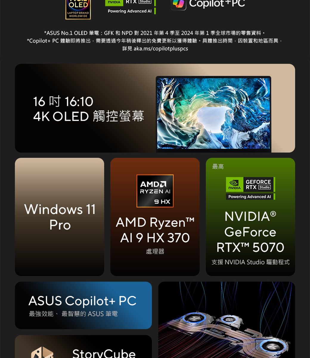 OLEDWORLDWIDE  StudioLAPTOP BRANDPowering Advanced CopilotPC*ASUS No.1 OLED 筆電:GFK 和NPD 對 2021年第4季至2024年第1季全球市場的零售資料。*Copilot+ PC 體驗即將推出需要透過今年稍後釋出的免費更新以獲得體驗。具體推出時間,因裝置和地區而異,aka.ms/copilotpluspcs1616:104K OLEDRYZEN 9 HXWindows 11ProAMD RyzenAI 9 HX 370處理器ASUS Copilot+ PC最強效能、最智慧的 ASUS 筆電StoryCube最高GEFORCE RTX StudioPowering Advanced NVIDIA®GeForce 5070支援 NVIDIA Studio 驅動程式