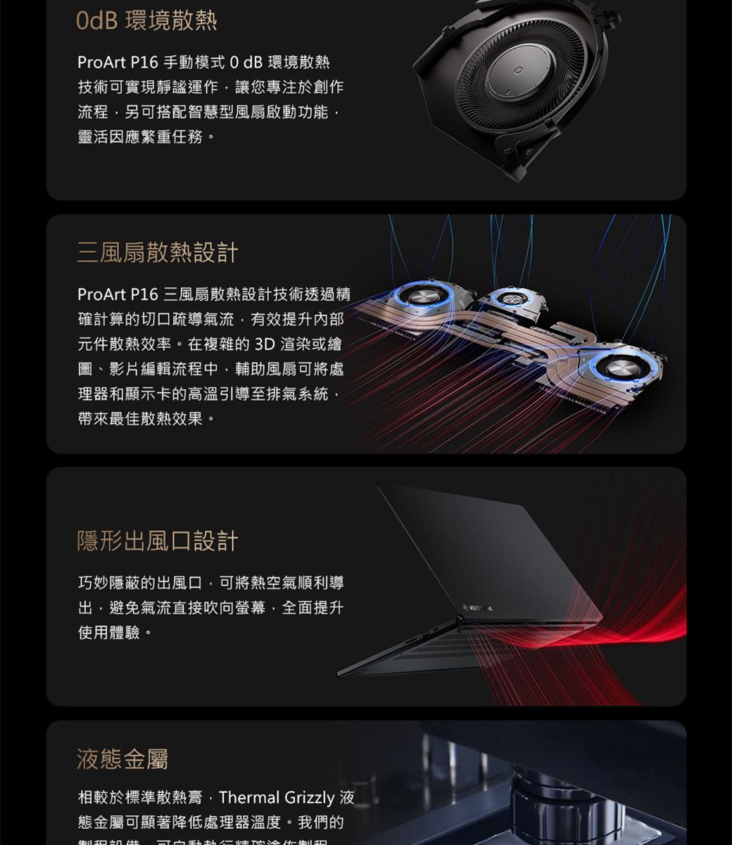 OdB 環境散熱ProArt P16 手動模式環境散熱技術可實現靜謐運作讓您專注於創作流程另可搭配智慧型風扇啟動功能靈活因應繁重任務。三風扇散熱設計ProArt P16 三風扇散熱設計技術透過精確計算的切口疏導氣流有效提升內部元件散熱效率。在複雜的3D渲染或繪圖、影片編輯流程中輔助風扇可將處理器和顯示卡的高溫引導至排氣系統帶來最佳散熱效果。隱形出風口設計巧妙隱蔽的出風口,可將熱空氣順利導出,避免氣流直接吹向螢幕,全面提升使用體驗。液態金屬相較於標準散熱膏Thermal Grizzly 液態金屬可顯著降低處理器溫度。我們的