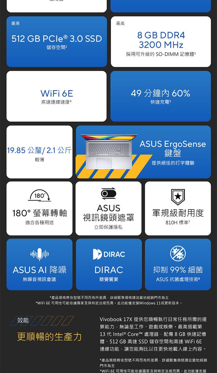 最高12 GB PCle®  儲存空間最高8 GB DDR4200 採用可升級的 S-DIMM 記憶體3WiFi 6E疾速連線速度449 分鐘60%快速充電5 19.85公釐/2.1公斤輕薄ASUS ErgoSense鍵盤提供絕佳的打字體驗180OASUS180°螢幕轉軸視訊鏡頭遮罩適合各種用途立即保護隱私軍規級耐用度810H 標準7DIRACASUS AI 降噪DIRAC抑制99% 細菌無噪音視訊會議聽覺宴ASUS 抗菌處理技術*產品規格將依型號不同而有所差異詳細販售規格請洽當地經銷門市為主*WiFi 6E 可用性可能依據國家及其特定法規而異。此功能僅支援Windows 11或更新版本。效能 更順暢的生產力Vivobook 17X 提供您順暢執行日常任務所需的運算能力無論是工作、遊戲或娛樂。最高搭載第13 代Intel® Core™ 處理器配備8GB快速記憶體、512 GB 高速SSD 儲存空間和高速 WiFi 6E連線功能,讓您能夠比以往更快地載入線上內容。*產品規格將依型號不同而有所差異,詳細販售規格請洽當地經銷門市為主*WiFi 6E 可用性可能依據國家及其特定法規而異。此功能僅支援