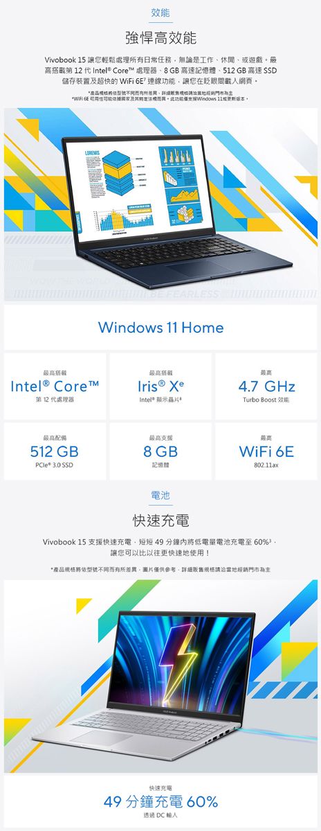 效能強悍高效能Vivobook 15 讓您輕鬆處理所有日常任務無論是工作休閒、遊戲高  代  Core 處理器、8GB高速記憶體、512 GB 高速 SSD儲存裝置及超快的WiFi 功能讓您在載人網頁依型號不同,為主  此功能Windows 或最高Intel® Core™第 12 代處理器Windows 11 Home最高 最高4.7 GHzIntel® 顯示晶片Turbo Boost 效能最高配備最高支援512 GB8 GB*  SSD記WiFi 6E802.11ax電池快速充電Vivobook 15 支援快速充電,短短49分鐘將低電量電池充電至 60%。讓您可以比以往更快速地使用!*產品規格將依型號不同而有所,僅供參考,詳細販售規格請洽當地經銷門市為主快速充電49 分鐘充電 60%透過 DC 人