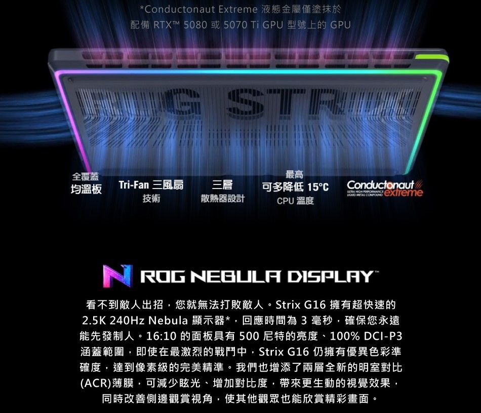 *Conductonaut Extreme 液態金屬僅塗抹於配備 RTXT 5080或5070 Ti GPU 型號上的 GPU全覆蓋最高均溫板Tri-Fan 三風扇三層技術散熱器設計可多降低 15CPU 溫度Conductonaut   NROG NEGULA DISPLAY™看不到敵人出招您就無法打敗敵人。Strix G16 擁有超快速的2.5K 240Hz Nebula 顯示器*,回應時間為3毫秒,確保您永遠能先發制人。16:10 的面板具有500尼特的亮度、100% DCI-P3涵蓋範圍,即使在最激烈的戰鬥中,Strix G16 仍擁有優異色彩準確度,達到像素級的完美精準。我們也增添了兩層全新的明室對比(ACR)薄膜,可減少眩光、增加對比度,帶來更生動的視覺效果,同時改善側邊觀賞視角,使其他觀眾也能欣賞精彩畫面。
