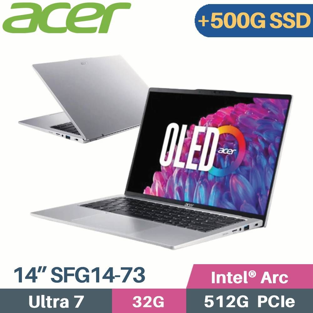 ACER 宏碁 Swift GO SFG14-73-790E AI筆電(Core Ultra 7 155H/32G/512G+500G/W11/EVO/14)特仕