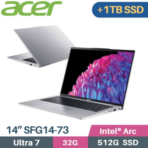 增加D槽 金士頓 1TB SSD2.8K IPS + 雙碟大容量ACER Swift GO SFG14-73-76K0 銀 14吋 輕薄AI筆電