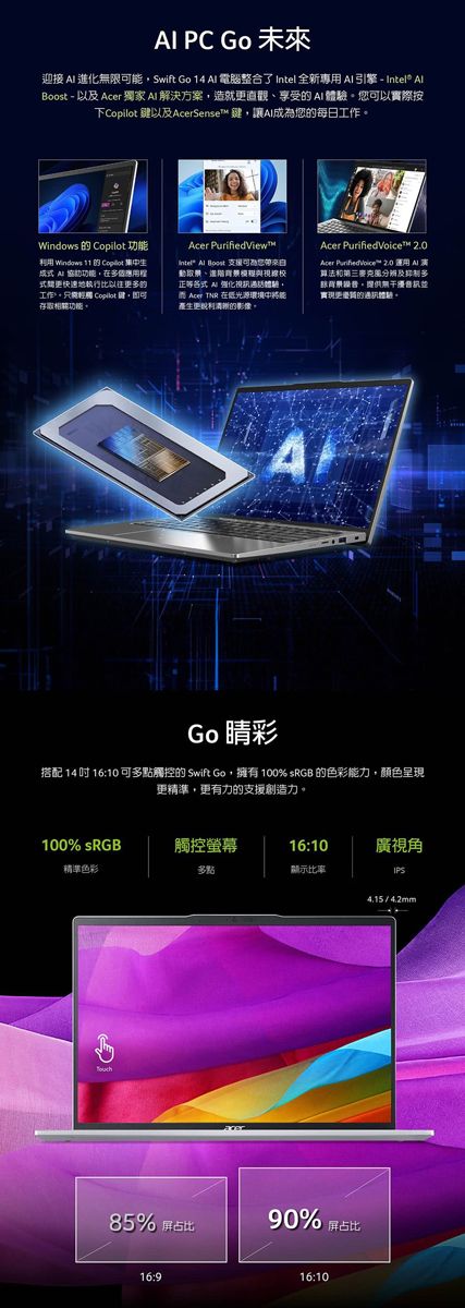 PC Go 未來迎接  進化無限能Swift Go 14  電腦整合了 Intel 全新專用 引擎 -   - 以及  獨家  解決方案造就享受  體驗可以實際按下 以及AcerSense鍵讓您的每日工作Windows 的 Copilot 功能利用 Windows 11 的 Copilot 成  功能在多個應用程更快速地比以往更多的工作只需 Copilot 鍵,功能。Acer PurifiedViewIntel® Al Boost 支援可為您带来取景、與視線校等AI 視訊體驗。 Acer  在光源環境中將能產生更的影像。Acer Purified™ 2.0Acer  Voice™ 2.0  AI 算法和第三麥克風分辨及抑制多。提供無實現更的通訊體驗。AGo 彩搭配 14  16:10 可多點觸控的 Swift Go,擁有 100%  的色彩能力,顏色呈現更精準,更有力的支援創造力。100% sRGB觸控螢幕16:10廣視角精準色彩多點顯示比率。IPS85%屏占比90%屏占比16:916:104.154.2mm