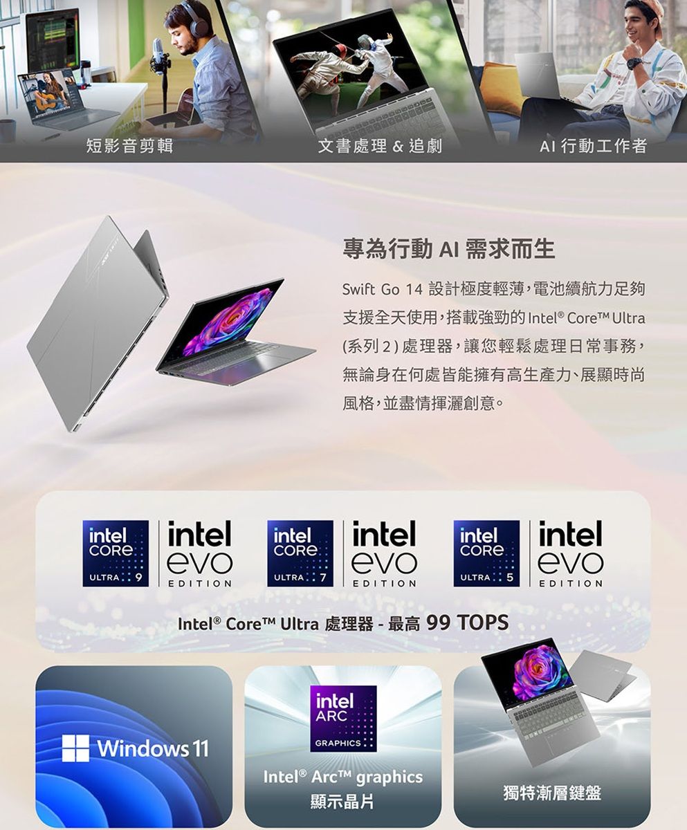 短影音剪輯文書處理 & 追劇 行動工作者intelULTRA intelevointelCOREEDITION專為行動 AI 需求而生Swift Go 14 設計極度輕薄,電池續航力足夠支援全天使用,搭載強勁的Intel Core Ultra(系列2)處理器,讓您輕鬆處理日常事務,無論身在何處皆能擁有高生產力、展顯時尚風格,並盡情揮灑創意。intelintelintelCORE ®evoevoULTRA 7ULTRA 5EDITIONEDITIONIntel® Core Ultra 處理器-最高 99 TOPSintelARCGRAPHICS..Windows 11Intel®  graphics顯示晶片獨特漸層鍵盤