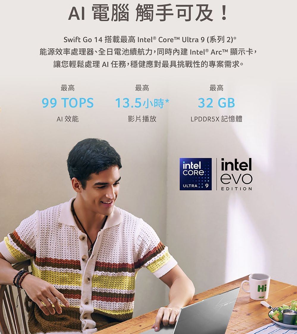 電腦 觸手可及!Swift Go 14 搭載 Intel® Core Ultra (系列 2) *能源效率處理器、全日電池續航力,同時內建Intel® Arct 顯示卡,讓您輕鬆處理 AI任務,穩健應對最具挑戰性的專案需求。最高最高最高99 TOPS13.5小時 *32 GBAI效能影片播放LPDDR5X 記憶體intelCOREULTRA 9intelevoEDITIONHi