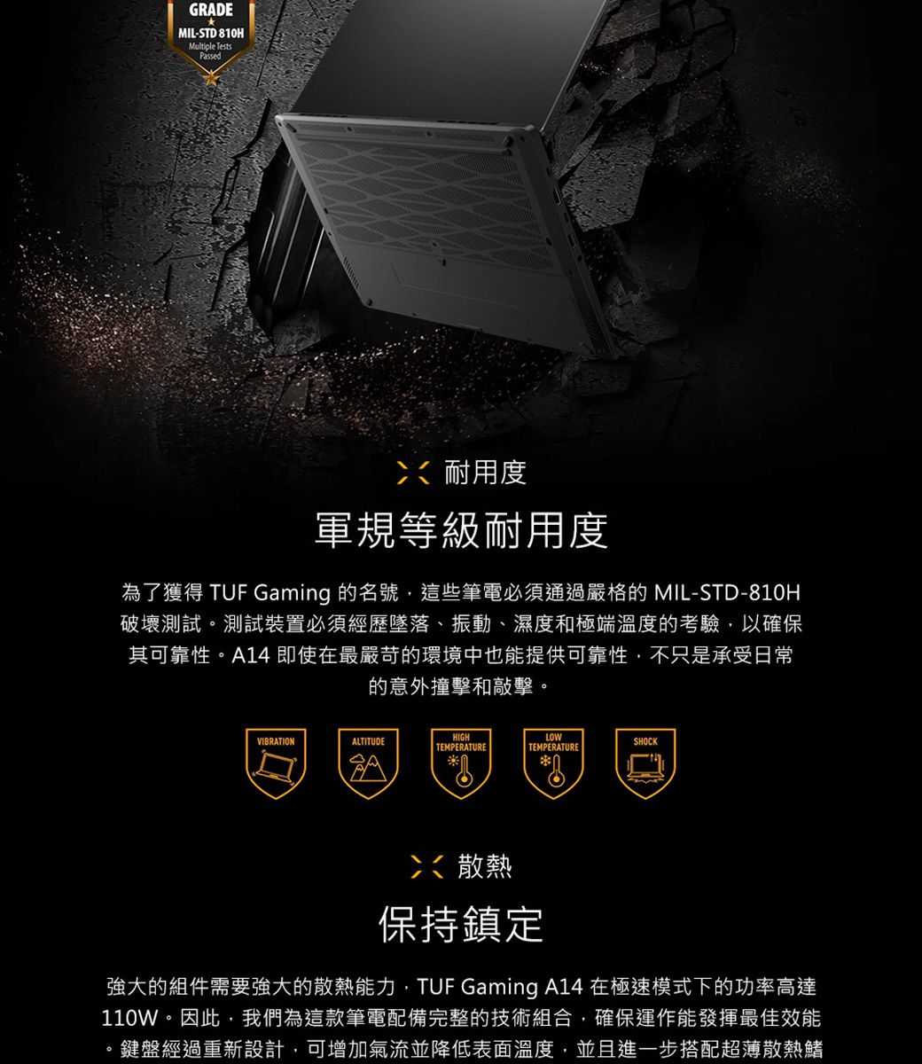 GRADEMIL-STD 810HMultiple TestsPassed耐用度軍規等級耐用度為了獲得 TUF Gaming 的名號這些筆電必須通過嚴格的 MIL-STD-810H破壞測試測試裝置必須經歷墜落、振動、濕度和極端溫度的考驗,以確保其可靠性。A14 即使在最嚴苛的環境中也能提供可靠性,不只是承受日常的意外撞擊和敲擊。HIGHLOWVIBRATIONALTITUDESHOCKTEMPERATURETEMPERATURE散熱保持鎮定強大的組件需要強大的散熱能力,TUF Gaming A14 在極速模式下的功率高達110W。因此,我們為這款筆電配備完整的技術組合,確保運作能發揮最佳效能。鍵盤經過重新設計,可增加氣流並降低表面溫度,並且進一步搭配超薄散熱鰭