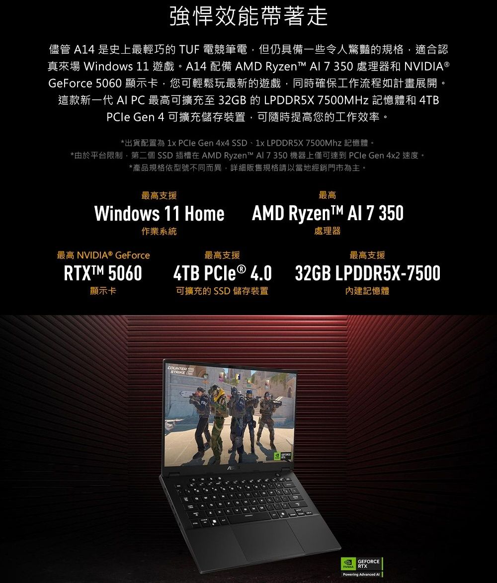 強悍效能帶著走儘管 4 是史上最輕巧的 TUF 電競筆電但仍具備一些令人驚豔的規格,適合認真來 Windows 11 遊戲。A14 配備 AMD Ryzen  處理器和 NVIDIA ®GeForce 5060顯示卡,您可輕鬆玩最新的遊戲,同時確保工作流程如計畫展開。這款新一代 AI PC 最高可擴充至 32GB 的 LPDDR5X 7500MHz 記憶體和 4TB Gen 4 可擴充儲存裝置,可隨時提高您的工作效率。*出貨配置為   Gen 4x4 SSD、1x LPDDR5X 7500Mhz 記憶體。*由於平台限制,第二個SSD 插槽 AMD Ryzen™  機器上僅可達到  Gen 4x2 速度。*產品規格依型號不同而異,詳細販售規格請以當地經銷門市為主。最高支援最高Windows 11 HomeAMD Ryzent™ A1 7350作業系統處理器最高 NVIDIA® GeForce最高支援最高支援RTXTM 5060顯示卡4TB  ® 4.0 32GB LPDDR5X-7500可擴充的 SSD 儲存裝置COUNTERSTRIKE內建記憶體GEFORCERTXPowering Advanced