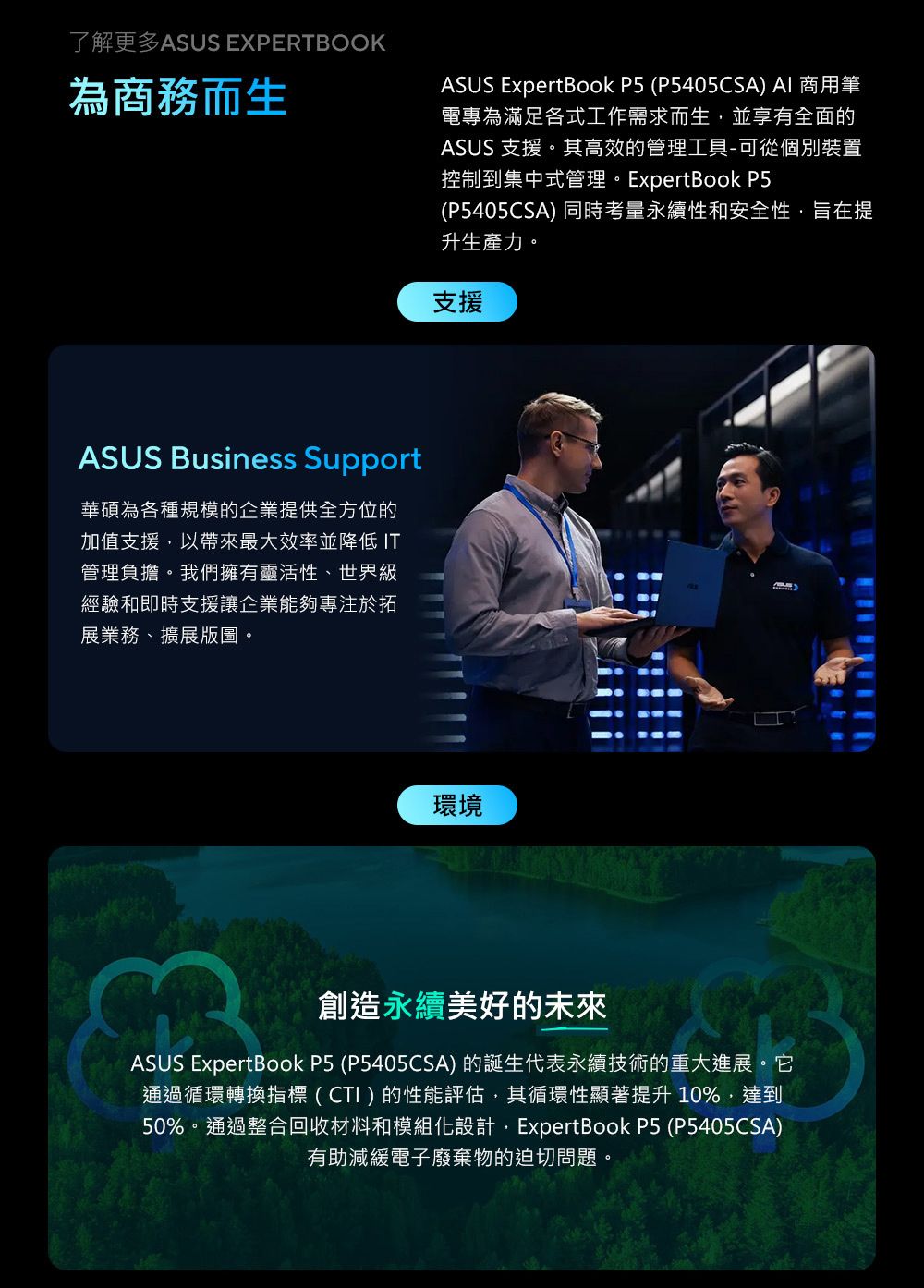 了解更多ASUS EXPERTBOOK為商務而生ASUS ExpertBook  (P5405CSA)  商用筆電專為滿足各式工作需求而生並享有全面的ASUS 支援。其高效的管理工具-可從個別裝置控制到集中式管理。ExpertBook P5(P5405CSA) 同時考量永續性和安全性,旨在提升生產力。支援ASUS Business Support華碩為各種規模的企業提供全方位的加值支援,以帶來最大效率並降低 IT管理負擔。我們擁有靈活性、世界級經驗和即時支援讓企業能夠專注於拓展業務、擴展版圖。環境創造永續美好的未來ASUS ExpertBook P5 (P5405CSA) 的誕生代表永續技術的重大進展。它通過循環轉換指標(CTI)的性能評估,其循環性顯著提升10%,達到50%。通過整合回收材料和模組化設計, ExpertBook P5 (P5405CSA)有助減緩電子廢棄物的迫切問題。