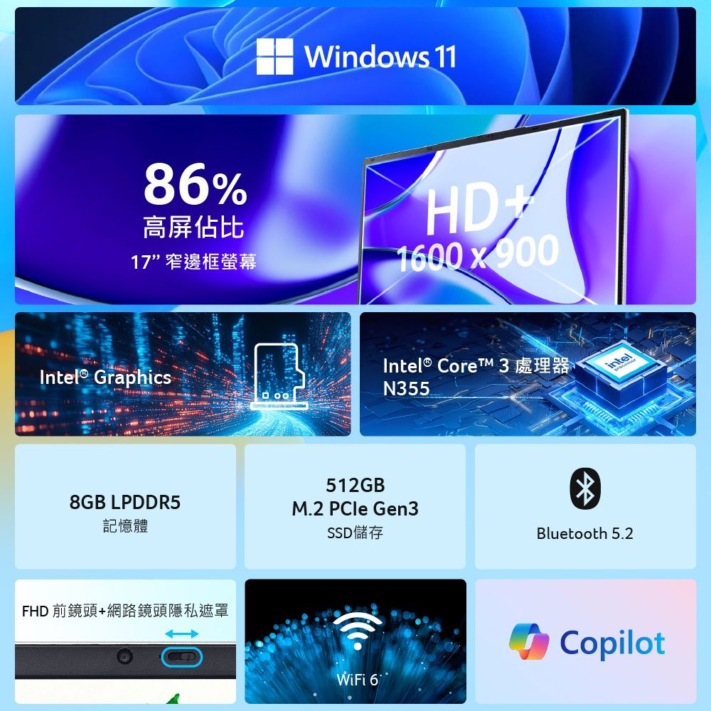 Windows 1186%高屏佔比17”窄邊框螢幕HD1600  900Intel® Graphics512GBIntel® Core 3N355tel8GB LPDDR5M.2  Gen3記憶體SSD 儲存Bluetooth 5.2FHD 前鏡頭+網路鏡頭隱私遮罩WiFi 6Copilot