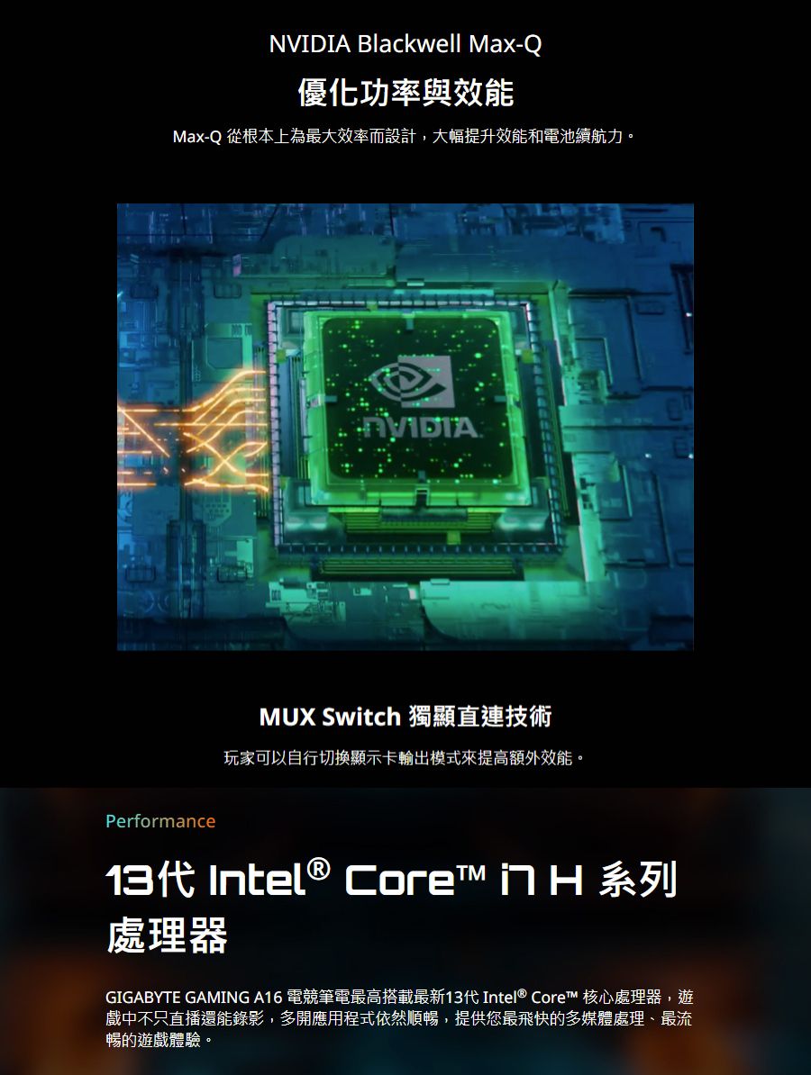 NVIDIA Blackwell Max-Q優化功率與效能Max-Q 從根本上為最大效率而設計,大幅提升效能和電池續航力。MUX Switch 獨顯直連技術玩家可以自行切換顯示卡輸出模式來提高額外效能。Performance13代 Intel® Core   系列處理器GIGABYTE GAMING A16 電競筆電最高搭載最新13代Intel® Core™ 核心處理器,遊戲中不只直播還能錄影,多開應用程式依然順暢,提供您最飛快的多媒體處理、最流暢的遊戲體驗。