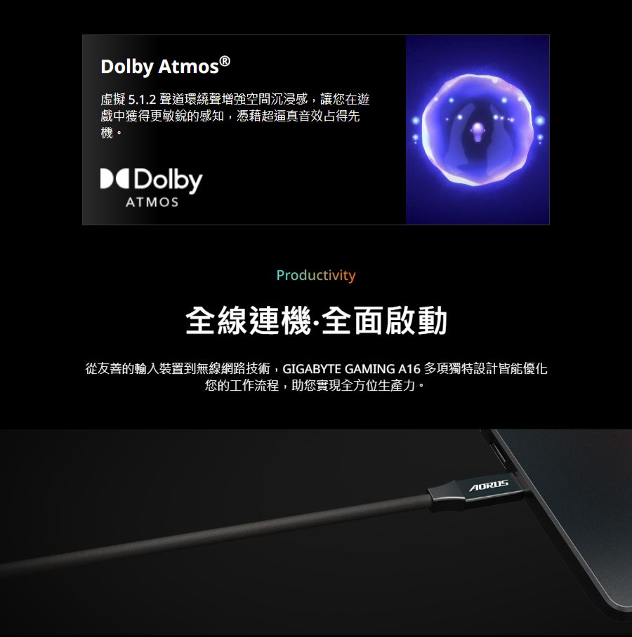 Dolby 虛擬5.1.2 聲道環繞聲增強空間沉浸感,讓您在遊戲中獲得更敏銳的感知,憑藉超逼真音效占得先。DolbyATMOSProductivity全線連機全面啟動從友善的輸入裝置到無線網路技術,GIGABYTE GAMING A16 多項獨特設計皆能優化您的工作流程,助您實現全方位生產力。