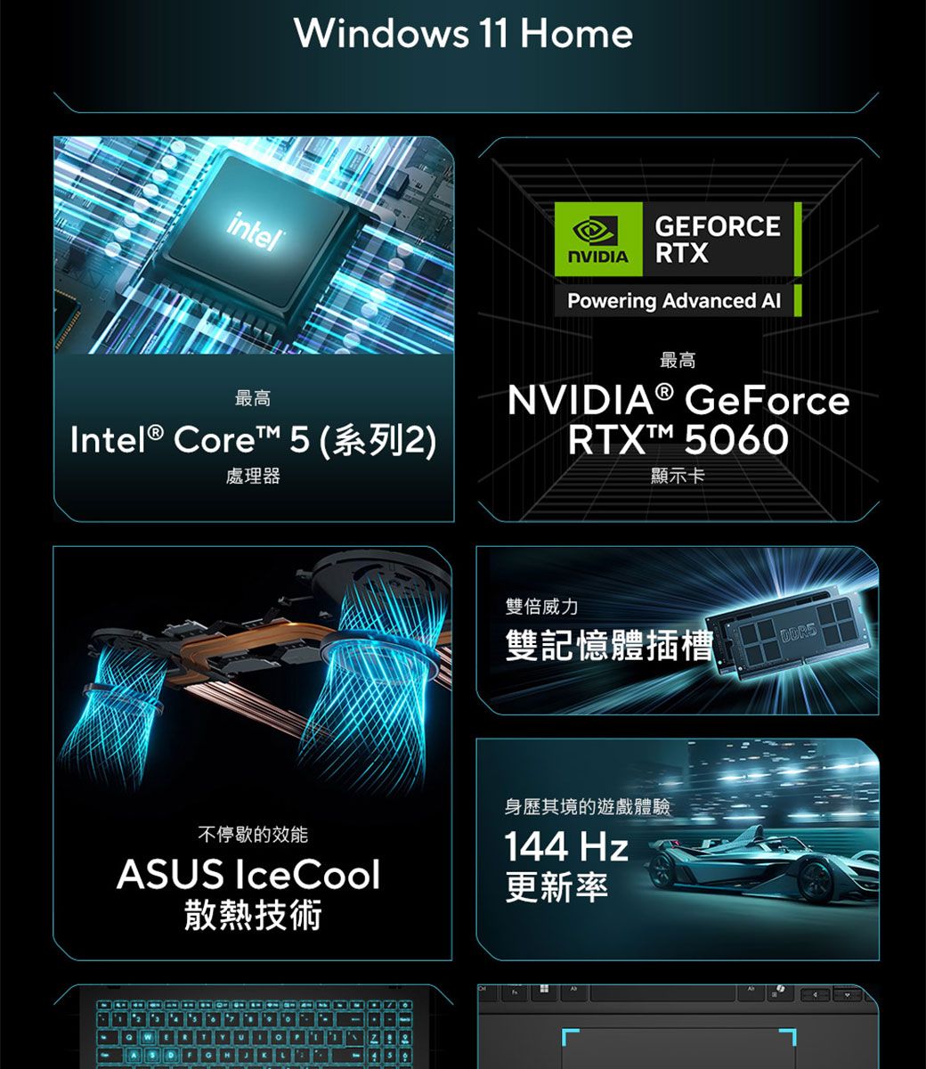 Windows 11 Homeintel最高Intel® Core 5 (系列2)處理器GEFORCENVIDIA RTXPowering Advanced 最高NVIDIA® GeForceRTXT™ 5060顯示卡雙倍威力雙記憶體插槽不停歇的效能ASUS IceCool身歷其境的遊戲體驗144Hz更新率散熱技術