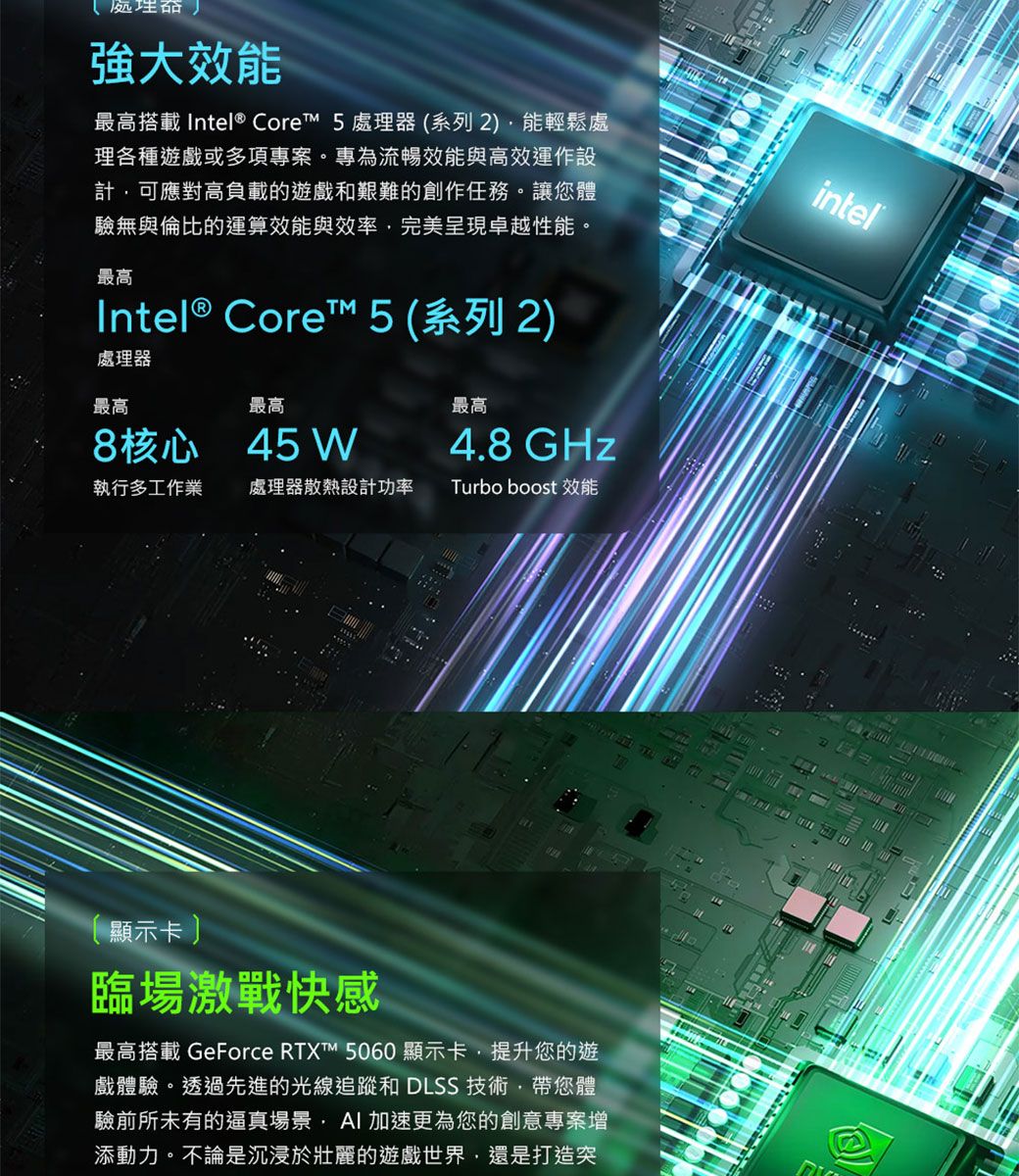 (強大效能最高搭載 Intel® Core 5處理器(系列2)能輕鬆處理各種遊戲或多項專案。專為流暢效能與高效運作設計可應對高負載的遊戲和艱難的創作任務。讓您體驗無與倫比的運算效能與效率完美呈現卓越性能。最高Intel® Core 5 (系列2)處理器最高4.8 GHz最高最高8核心45 W執行多工作業處理器散熱設計功率Turbo boost 效能intel顯示卡臨場激戰快感最高搭載 GeForce RTXT™ 5060顯示卡,提升您的遊戲體驗。透過先進的光線追蹤和 DLSS 技術·帶您體驗前所未有的逼真場景, 加速更為您的創意專案增添動力。不論是沉浸於壯麗的遊戲世界,還是打造突