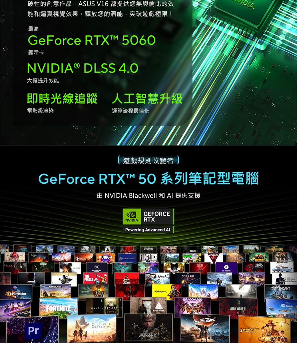 破性的創意作品ASUS V16都提供您無與倫比的效能和逼真視覺效果。釋放您的潛能,突破遊戲極限!最高GeForce RTX 5060顯示卡 ® DLSS 40大幅提升效能即時光線追蹤 人工智慧升級電影級渲染運算流程最佳化DA.遊戲規則改變者GeForce RTXT™ 50 系列筆記型電腦 NVIDIA Blackwell 和 提供支援blenderFUSIONTHE .FORTNITEHALF RTPrGEFORCENVIDIA RTXPowering Advanced WitchfireWUKONGSPIDERMANDRAGON AGEOUTLAWSALAN WAKE I