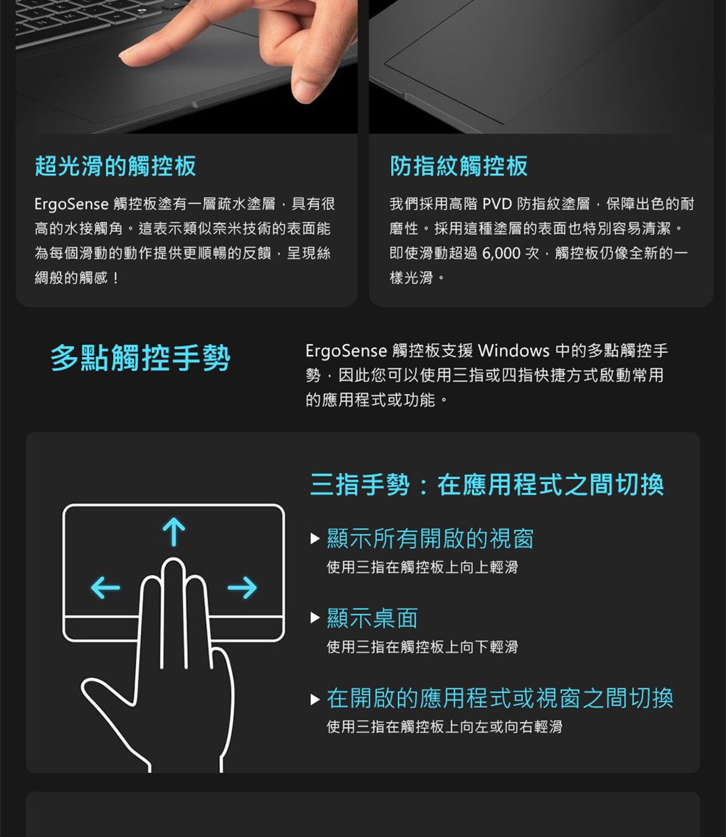 超光滑的觸控板ErgoSense 觸控板塗有一層疏水塗層具有很高的水接觸角。這表示類似奈米技術的表面能為每個滑動的動作提供更順暢的反饋呈現絲綢般的觸感!防指紋觸控板我們採用高階 PVD 防指紋塗層,保障出色的耐磨性。採用這種塗層的表面也特別容易清潔。即使滑動超過6,000次,觸控板仍像全新的一樣光滑。多點觸控手勢ErgoSense 觸控板支援 Windows 中的多點觸控手勢,因此您可以使用三指或四指快捷方式啟動常用的應用程式或功能。三指手勢:在應用程式之間切換顯示所有開啟的視窗使用三指在觸控板上向上輕滑顯示桌面使用三指在觸控板上向下輕滑▶在開啟的應用程式或視窗之間切換使用三指在觸控板上向左或向右輕滑