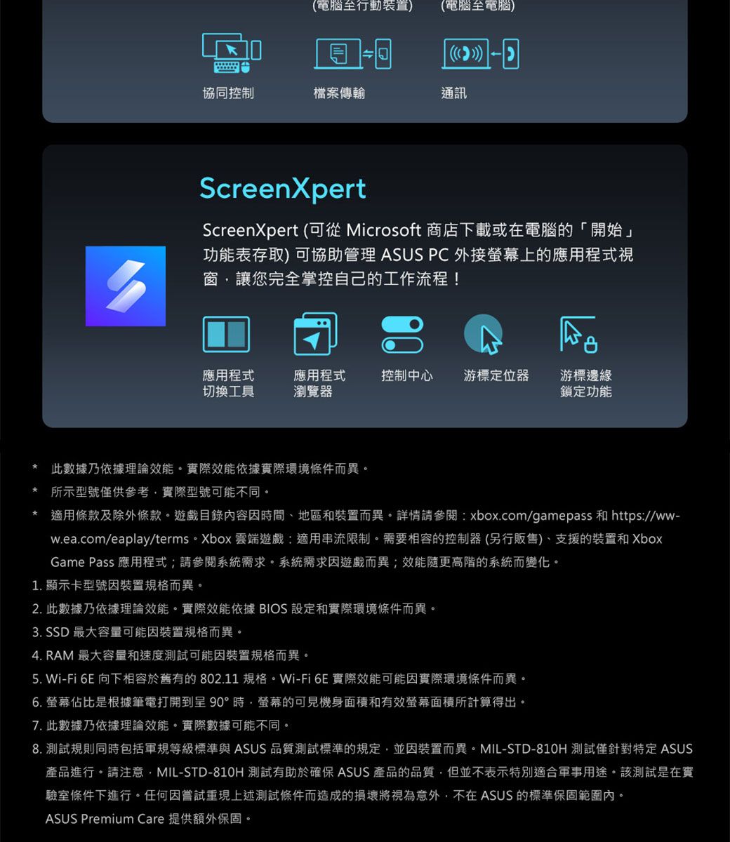 (電腦行動裝置)(電腦至電腦)1協同控制檔案傳輸通訊ScreenXpertScreenXpert (可從 Microsoft 商店下載或在電腦的「開始」功能表存取)可協助管理 ASUS PC 外接螢幕上的應用程式視窗讓您完全掌控自己的工作流程!應用程式切換工具應用程式 控制中心瀏覽器游標定位器游標邊緣鎖定功能此數據乃依據理論效能實際效能依據實際環境條件而異。所示型號僅供參考實際型號可能不同。適用條款及除外條款。遊戲目錄內容因時間、地區和裝置而異。詳情請參閱:xbox.com/gamepass 和 https://ww-w.ea.com/eaplay/terms。 Xbox 雲端遊戲:適用串流限制。需要相容的控制器(另行販售)、支援的裝置和 XboxGame Pass 應用程式;請參閱系統需求。系統需求因遊戲而異;效能更高階的系統而變化。1. 顯示卡型號因裝置規格而異。2. 此數據乃依據理論效能。實際效能依據 BIOS 設定和實際環境條件而異。3. SSD 最大容量可能因裝置規格而異。4. RAM 最大容量和速度測試可能因裝置規格而異。5. Wi-Fi 6E 向下相容於舊有的 802.11 規格。Wi-Fi6E實際效能可能因實際環境條件而異。6. 螢幕佔比是根據筆電打開到呈90°時螢幕的可見機身面積和有效螢幕面積所計算得出。7. 此數據乃依據理論效能。實際數據可能不同。8. 測試規則同時包括軍規等級標準與 ASUS 品質測試標準的規定,並因裝置而異。MIL-STD-810H 測試僅針對特定 ASUS產品進行。請注意,MIL-STD-810H 測試有助於確保 ASUS 產品的品質,但並不表示特別適合軍事用途。該測試是在實驗室條件下進行。任何因嘗試重現上述測試條件而造成的損壞將視為意外,不在ASUS 的標準保固範圍內。ASUS Premium Care 提供額外保固。