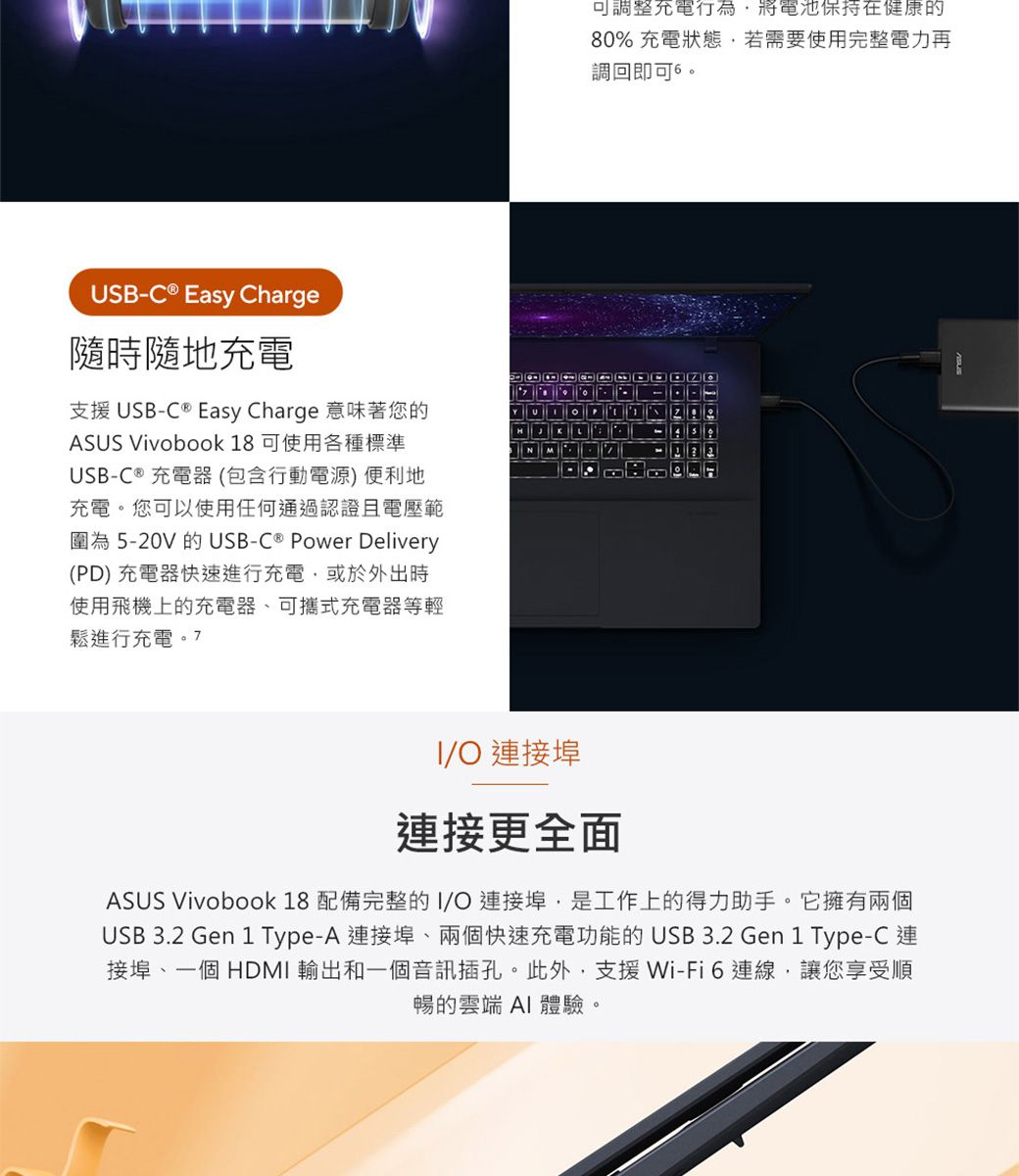 USB-C ® Easy Charge隨時隨地充電支援USB-C® Easy Charge 意味著您的ASUS Vivobook 18 可使用各種標準USB-C ® 充電器(包含行動電源) 便利地充電您可以使用任何通過認證且電壓範圍為5-20V的USB-C ® Power Delivery(PD) 充電器快速進行充電或於外出時使用飛機上的充電器、可攜式充電器等輕鬆進行充電。7可調整充電行為將電池保持在健康的80% 充電狀態若需要使用完整電力再調回即可。/O 接埠連接更全面ASUS Vivobook 18 配備完整的I/O 連接埠是工作上的得力助手。它擁有兩個USB 3.2 Gen 1 Type-A 連接埠、兩個快速充電功能的 USB 3.2 Gen 1 Type-C 連接埠、一個 HDMI 輸出和一個音訊插孔。此外,支援 Wi-Fi連線,讓您享受順暢的雲端 AI 體驗。