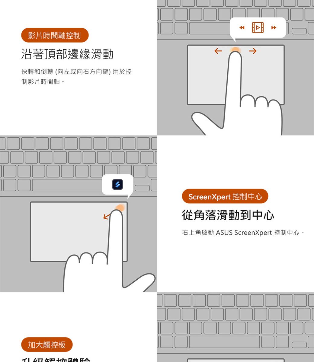 影片時間軸控制沿著頂部邊緣滑動快轉和倒轉(向左或向右方向鍵)用於控制影片時間軸。加大觸控板ScreenXpert 控制中心從角落滑動到中心右上角啟動 ASUS ScreenXpert 控制中心。