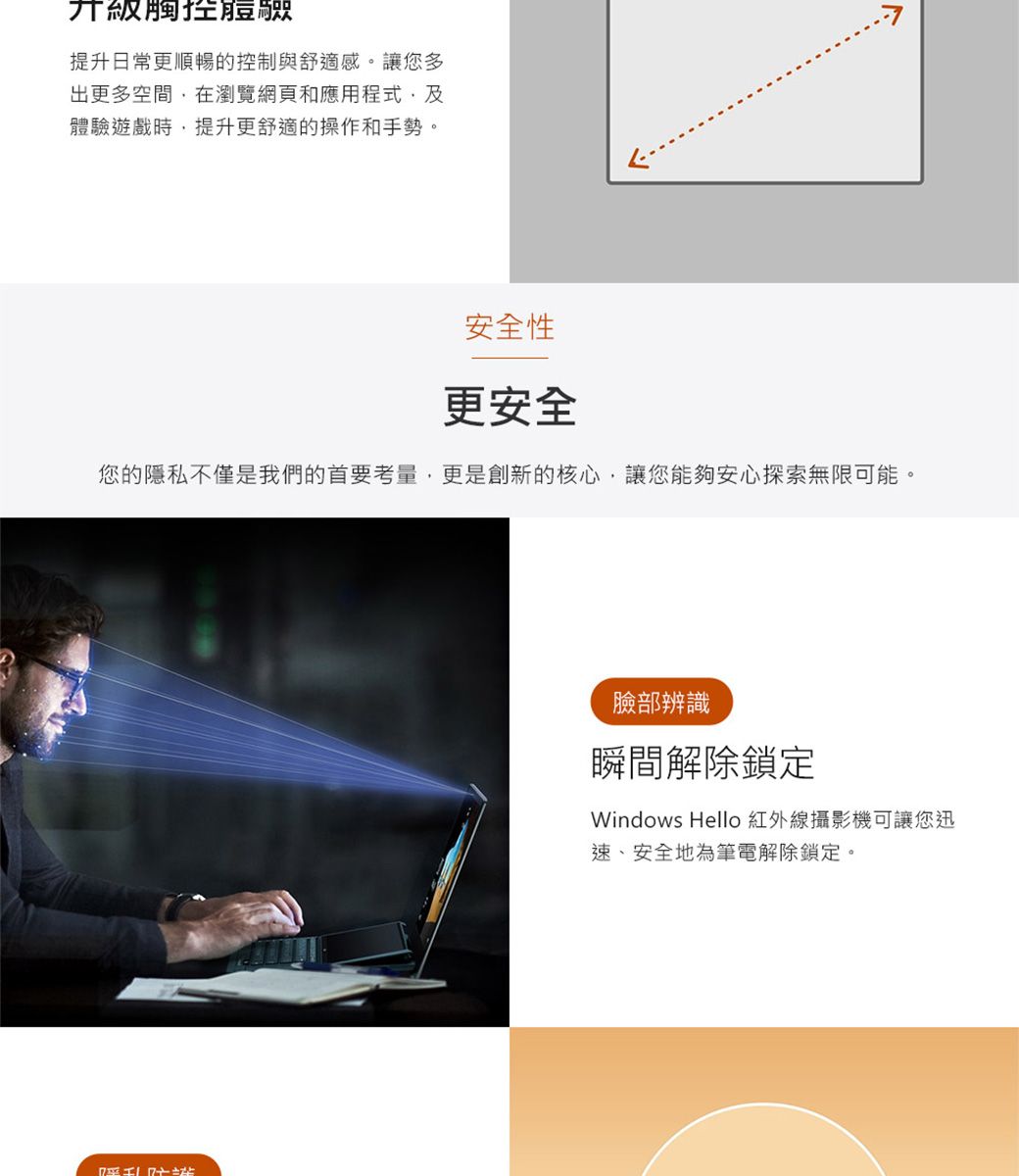 升級仝痘提升日常更順暢的控制與舒適感。讓您多出更多空間在瀏覽網頁和應用程式,體驗遊戲時,提升更舒適的操作和手勢。安全性更安全您的隱私不僅是我們的首要考量,更是創新的核心,讓您能夠安心探索無限可能。臉部辨識瞬間解除鎖定Windows Hello 紅外線攝影機可讓您迅速、安全地為筆電解除鎖定。