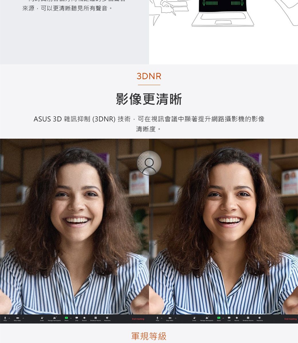 來源,可以更清晰聽見所有聲音。3DNR影像更清晰ASUS 3D 雜訊抑制(3DNR)技術,可在視訊會議中顯著提升網路攝影機的影像清晰度。 meeting軍規等級 meeting