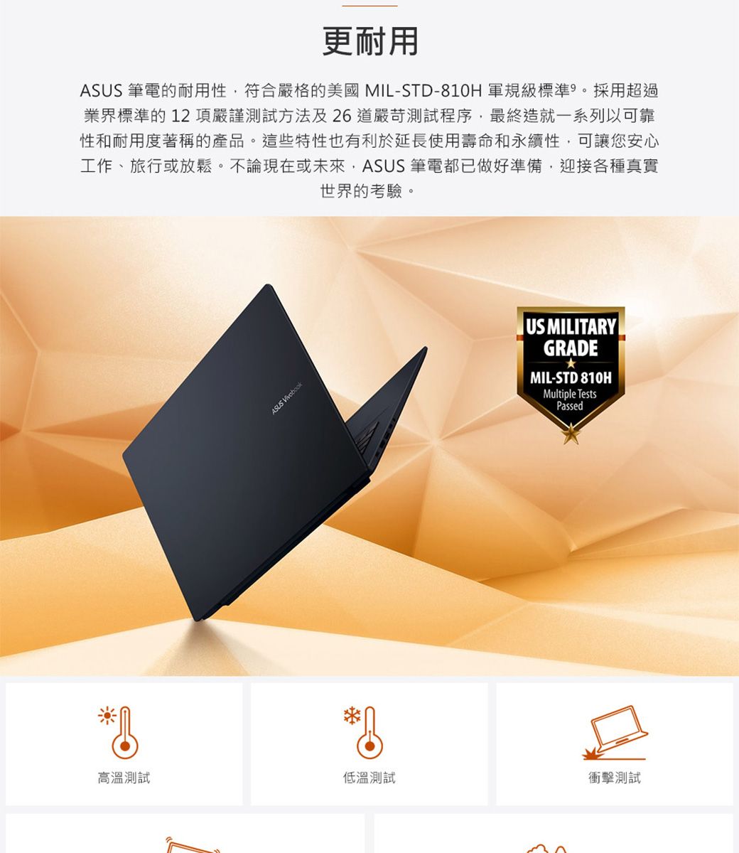 更耐用ASUS 筆電的耐用性符合嚴格的美國MIL-STD-810H 軍規級標準。採用超過業界標準的12項嚴謹測試方法及26道嚴苛測試程序,最終造就一系列以可靠性和耐用度著稱的產品。這些特性也有利於延長使用壽命和永續性,可讓您安心工作、旅行或放鬆。不論現在或未來,ASUS 筆電都已做好準備,迎接各種真實世界的考驗。ASUS US MILITARYGRADEMIL-STD 810HMultiple TestsPassed高溫測試低溫測試衝擊測試