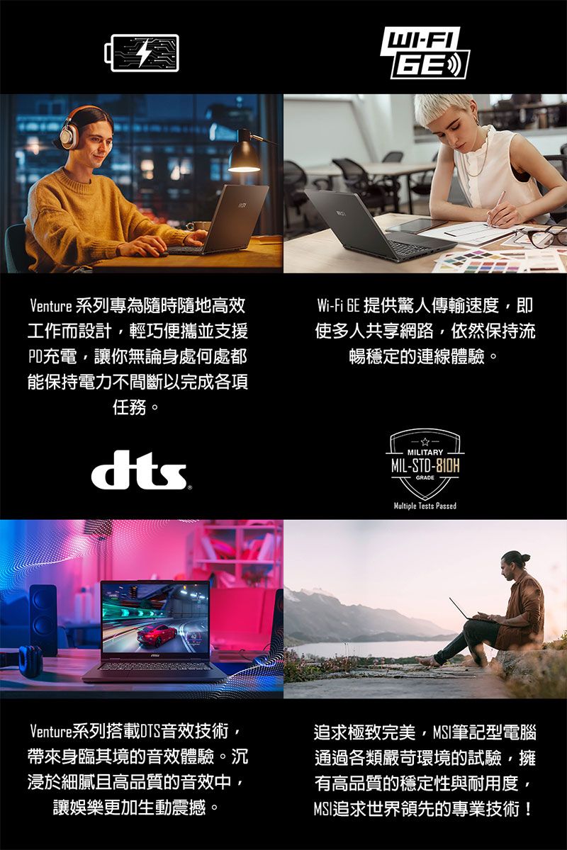 WI-FIVenture 系列專為隨時隨地高效工作而設計輕巧便攜並支援充電讓你無論身處何處都能保持電力不間斷以完成各項任務。Wi-Fi 提供驚人傳輸速度即使多人共享網路依然保持流暢穩定的連線體驗。MILIARYMIL-STD-810HGRADE TMultiple Tests PassedVenture系列搭載DTS音效技術,帶來身臨其境的音效體驗。沉浸於細膩且高品質的音效中,讓娛樂更加生動震撼。追求極致完美,MSI筆記型電腦通過各類嚴苛環境的試驗,擁有高品質的穩定性與耐用度,MSI追求世界領先的專業技術!